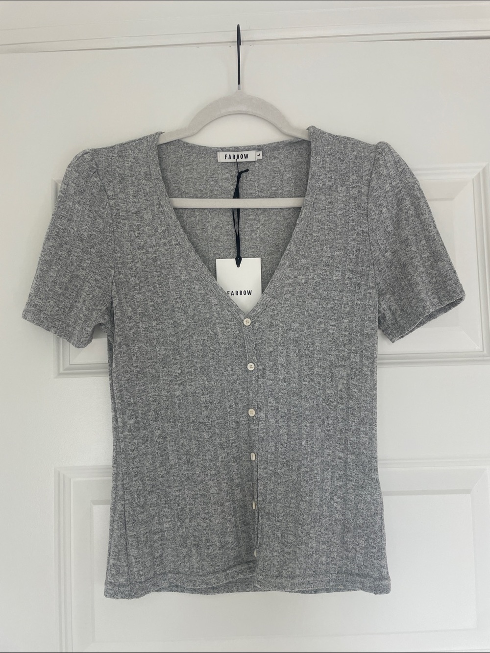 Farrow Gray Ribbed Button-Front V-Neck Top NWT